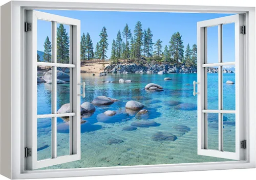 Vista 45 de wall26 - Cuadro en lienzo para pared, vista de ventana, atardecer neón, cielo, palmera tropical, playa, naturaleza, desierto, fotografía, realismo