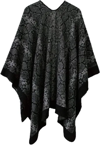 Vista 2 de Chal estilo poncho de frente abierta con patrón vintage para mujer, abrigo de invierno Serie 15-negro