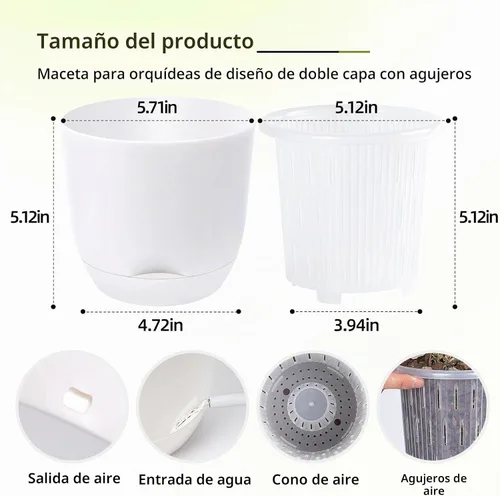 Vista 2 de Macetas de orquídeas blancas de 5.7 pulgadas con agujeros para trasplantar, macetas de plástico de doble capa de riego automático para plantas