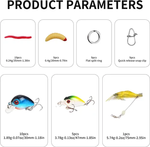 Vista 3 de TSKS Kit de Señuelos Artificiales de Pesca Mixto Incluyendo Minnow de Aleta de Buceo Frontal, Popper de Superficie, Cebos de Manivela, Lápiz VIB