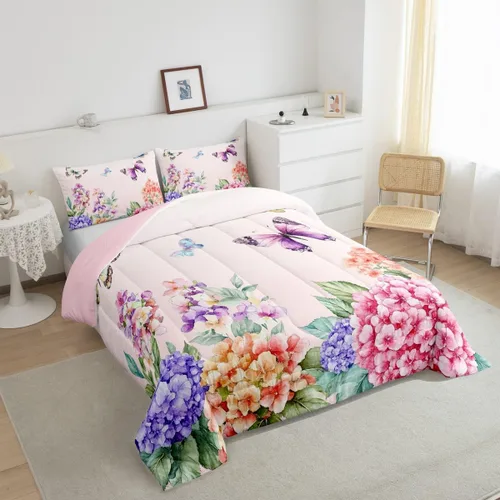 Vista 2 de Juego de edredón de mariposa morada tamaño individual para niñas y niños, ropa de cama rosa degradado, relleno de edredón de mariposa de ensueño