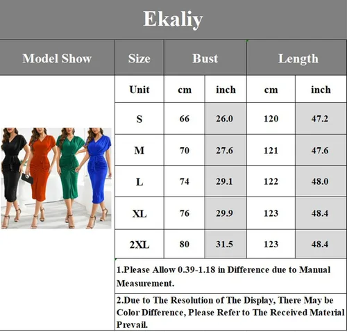 Vista 6 de Ekaliy Vestido midi ajustado con cuello en V para mujer, manga corta, elegante, fruncido, con cinturón