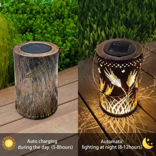 Vista 4 de Faroles solares impermeables para exteriores, luces solares de libélula de metal, luces solares decorativas de mesa, farol colgante solar, luces