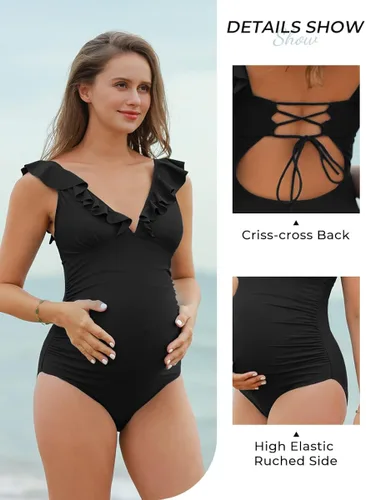 Vista 2 de Summer Mae Traje de baño de maternidad con cuello en V traje de baño de una pieza con volantes y cordones