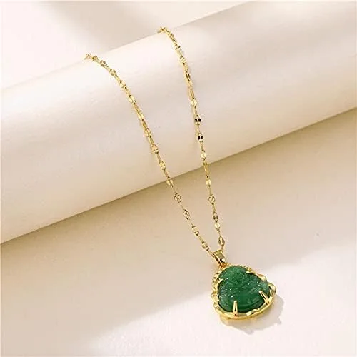 Vista 3 de Collar con colgante de buda risa de la buena suerte chapado en oro de 18 quilates con cadena de amuleto de calcedonia