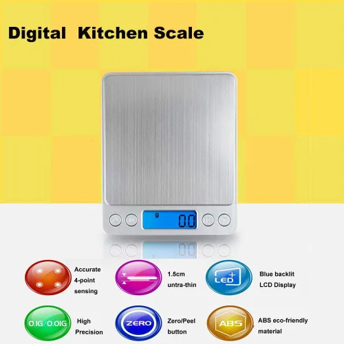 Vista 6 de Báscula digital de cocina, báscula de cocina multifunción de acero inoxidable de alta precisión, pantalla LCD retroiluminada, pequeña báscula