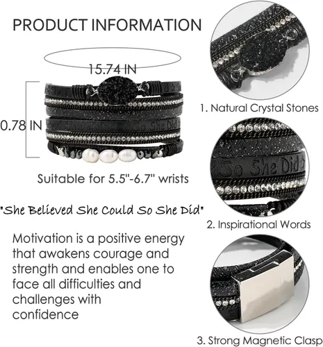 Vista 4 de Artilady Leather Wrap Bracelet for Women, Pearl Beaded Bangle Stack Jewelry Negro
