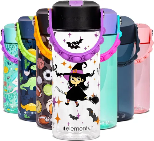 Vista 29 de Elemental Botellas de agua para niños – Botella de agua para niños Splash para la escuela con mango Pop-it – Botella de agua de plástico Tritan sin