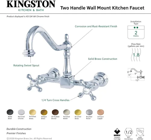 Vista 7 de Kingston Brass Heritage - Grifo de cocina de montaje en pared central de 8 pulgadas, latón antiguo