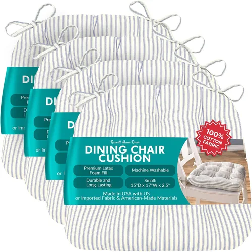 Vista 70 de Barnett Home Decor Ticking Stripe Berlin Blue - Almohadilla para silla de comedor con lazos, tamaño mediano 18, relleno de espuma de látex, lavable