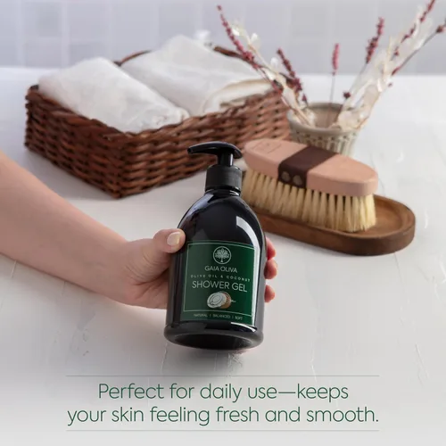 Vista 4 de GAIA Oliva Gel de ducha de aceite de oliva – Gel de ducha natural con coco, gel corporal hidratante e hidratante para mujeres y hombres, gel de baño