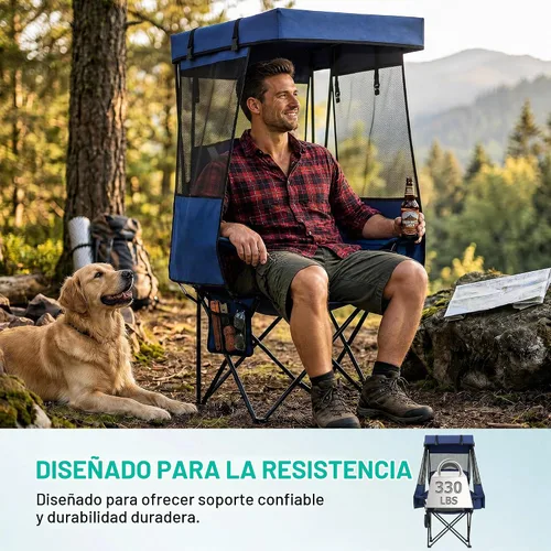 Vista 4 de Overmont Silla de camping con toldo - Silla plegable con sombrilla Azul