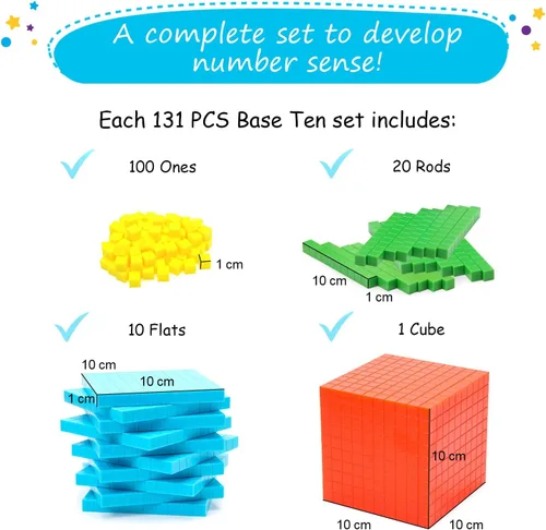 Vista 3 de Simply magic 131 bloques base de diez bloques para matemáticas – Bloques de valor posicional, base 10 manipulativos matemáticos K-3, contadores