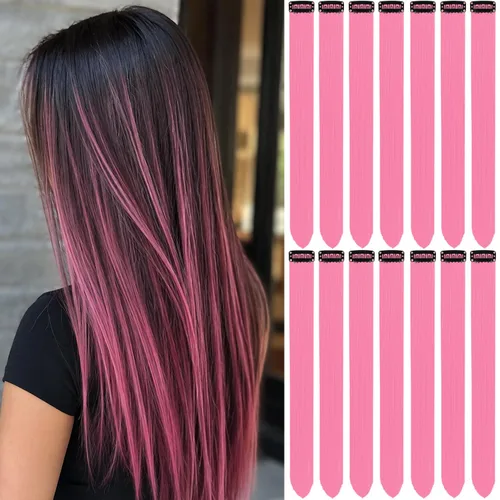 Vista 15 de 20 extensiones de cabello de colores, coloridas extensiones de cabello sintético con clip, extensiones de cabello sintético largo y lacio