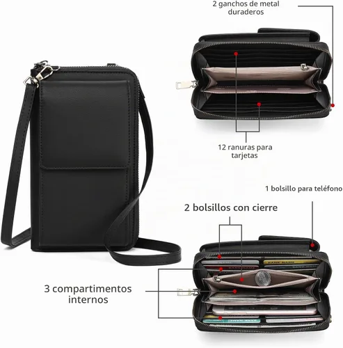 Vista 4 de SENDEFN Bolso cruzado pequeño para teléfono celular para mujer, de cuero, con múltiples ranuras para tarjetas A01-negro