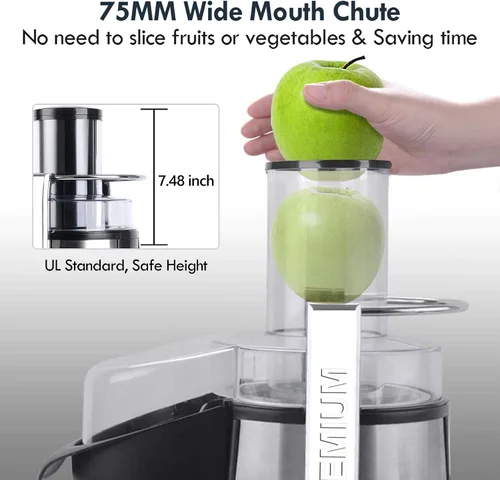 Vista 4 de Extractor de jugos centrífugo de 850W de potencia, extractor de jugos con boca ancha de 3 pulgadas y 2 velocidades con luz LED, licuadora de jugos