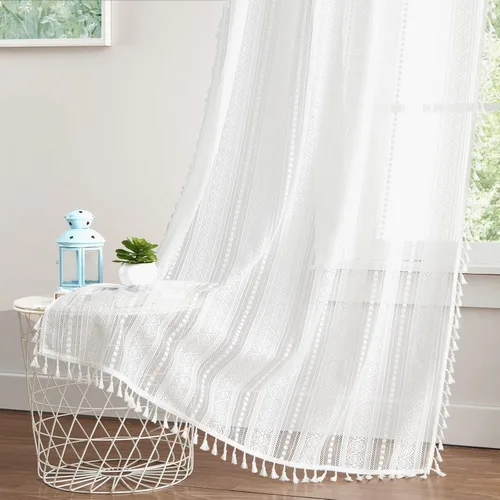 Vista 9 de Amzdecor Cortinas bohemias con borlas de encaje beige para dormitorio, sala de estar, lino texturizado elegante, patrón geométrico rústico