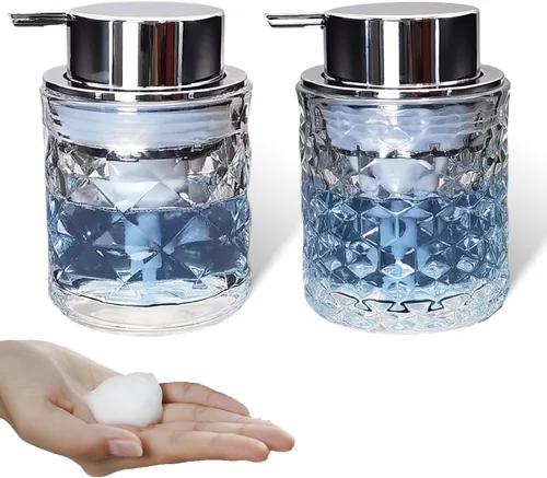 Vista 8 de Dispensadores de jabón espumoso de mano de vidrio con bomba plateada, dispensador de jabón de manos recargable para baño y cocina (1 paquete-D881)