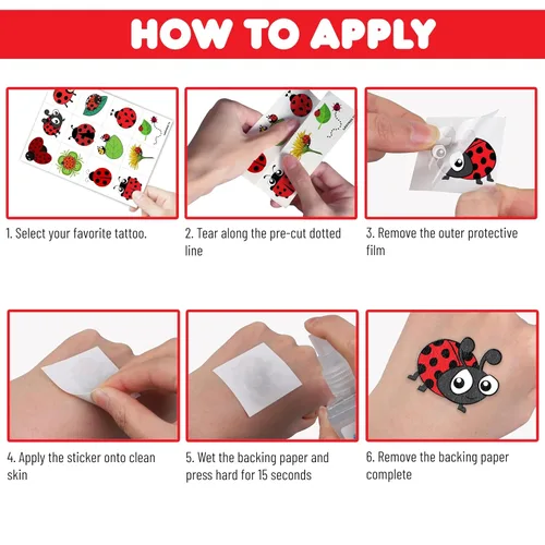 Vista 7 de 96 tatuajes temporales precortados de mariquita para niños, lindos tatuajes de insectos de Lady Beetle, recuerdos de fiesta, decoraciones