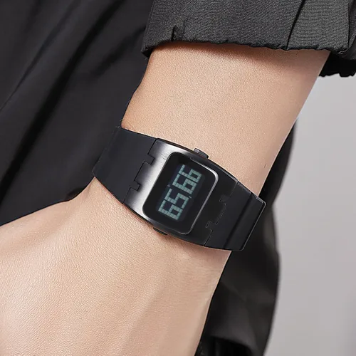 Vista 5 de Reloj digital cuadrado multifunción para hombres, reloj de pulsera único con retroiluminación EL con banda de silicona, cronómetro impermeable