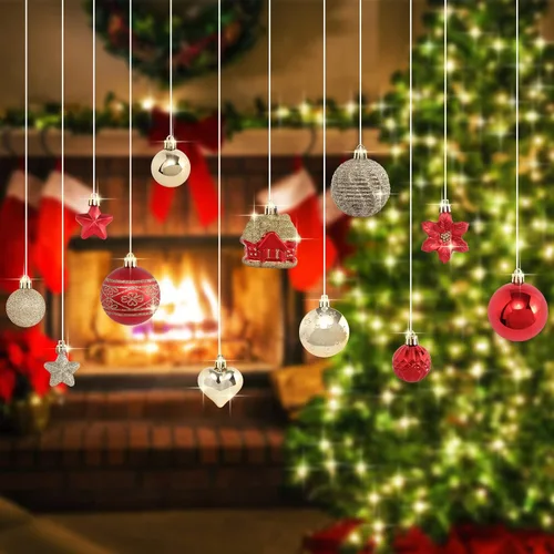 Vista 4 de Juego de adornos de bola de Navidad, 88 piezas de plástico inastillables para colgar en el árbol de Navidad, decoración para interiores del hogar