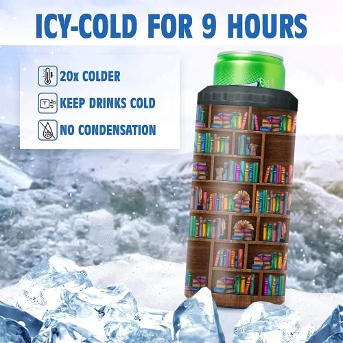 Vista 4 de SANDJEST Vaso para Amantes de los Libros Estante 4 en 1 Vaso de 12 oz Enfriador de Lata Coozie Vaso delgado de acero inoxidable Regalo
