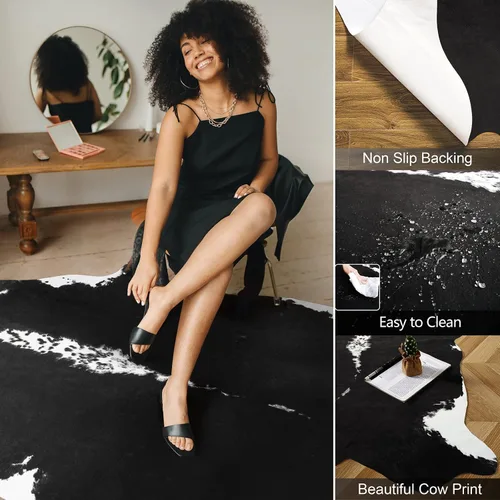 Vista 3 de Alfombra de piel de vaca sintética AROGAN, alfombra premium con estampado de vaca para decoración occidental boho, piel de vaca para dormitorio Negro