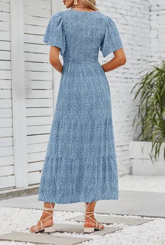 Vista 4 de ZESICA - Vestido veraniego largo y casual para mujer con estampado floral manga corta y cuello redondo de cintura alta fruncida