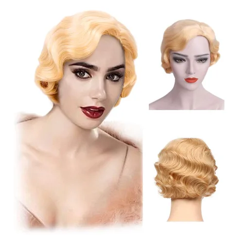 Vista 2 de Peluca rubia corta y rizada estilo 1920 Nuna para mujer, peluca de onda dedos sintética estilo pixie Blonde503