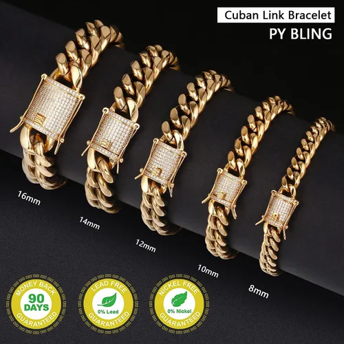 Vista 3 de PY BLING Heavy Stainless Steel Miami Cuban Link Bracelet 8mm-16mm 14k Real Gold Plated with Lab Diamond Clasp Premium Hip Hop Jewelry For Men Women