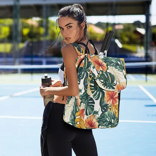 Vista 7 de Unisex Tennis Bag Lightweight Tropical Style Green Leaves Red Flower Zipper Tennis Bag Gym Bag for Women, Men, Teenagers raquetas de tenis