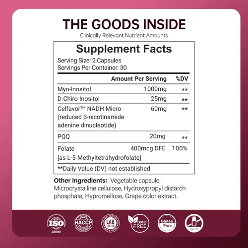 Vista 6 de Suplemento de mio-inositol y D-quiro inositol para mujeres - Proporción ideal 40:1, NADH más folato y PQQ - Equilibrio hormonal y apoyo ovárico