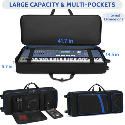 Vista 2 de BOSSTIN Funda para teclado de 61 teclas con ruedas, bolsa de piano rodante 61 Llave azul