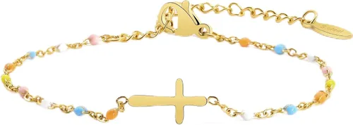 Vista 14 de Pulsera de Cuentas con Cruz Chapada en Oro de 14K para Mujeres, Pulsera de Acero Inoxidable Ajustable con Cruz de Fe Religiosa, Pulsera de Cadena