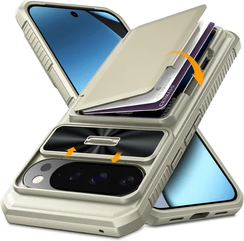 Vista 32 de CENMASO - Funda para Google Pixel 9 Pro XL con tarjetero (4 tarjetas), funda deslizante para cámara y función atril, bloqueo RFID, protección