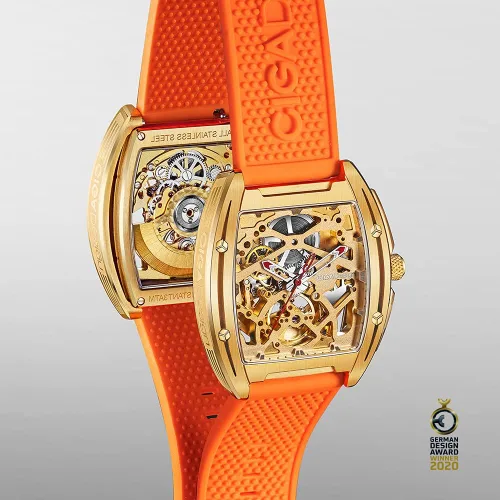 Vista 5 de CIGA Design Reloj de pulsera mecánico de acero inoxidable dorado con correa de silicona de zafiro con una correa de acero inoxidable