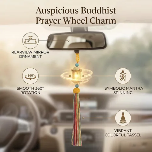 Vista 4 de Adornos budistas para colgar en el auto, rueda de oración budista, adorno de Feng Shui, decoración para el hogar, coche, colgar en el espejo