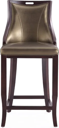 Vista 5 de Manhattan Comfort Emperor Taburetes de bar de cuero vegano con respaldo, acolchado de espuma y marco de madera de haya maciza, taburete de bar bronce