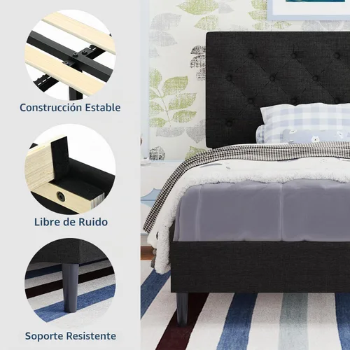 Vista 7 de BarnFurin Marco de Cama Twin, Cama Plataforma Tapizada con Cabecera con Capitoné de Botones, Marco de Cama de Tela con Soporte de Listones de Azul
