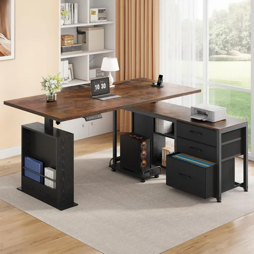 Vista 10 de 47 Inch L Shaped Desk with 3 Drawers Electric Standing Desks with Storage Computer Table Adjustable Height with Power Outlets 4 Memory Presets for