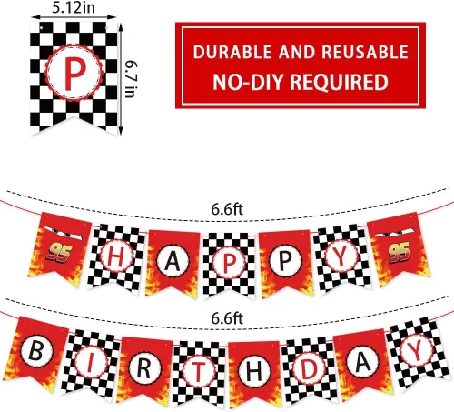 Vista 7 de Cartel de cumpleaños de coche de carreras, suministros para fiestas temáticas de bandera a cuadros Rojo