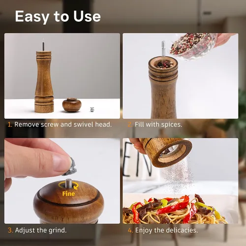 Vista 5 de Molinillo de sal y pimienta de madera, molinillo de sal y pimienta, cocteleras de madera de roble con molinillos de cerámica ajustables, 8 pulgadas