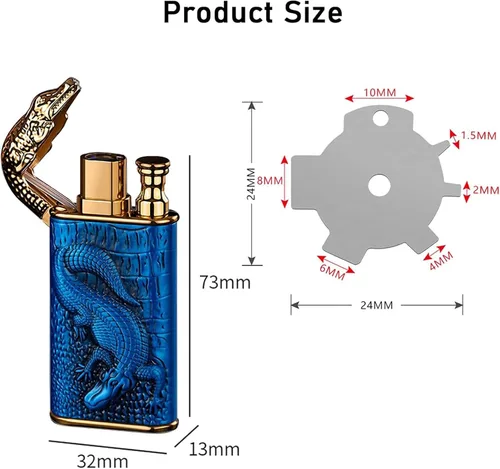 Vista 6 de Encendedor de antorcha, diseño de cocodrilo en relieve, encendedor mágico de doble llama con herramienta de llama de ajuste, encendedores de butano