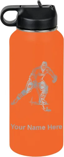 Vista 55 de LaserGram Botella de agua personalizada, jugador de hockey, acero inoxidable de doble pared aislada al vacío con popote superior, regalo grabado