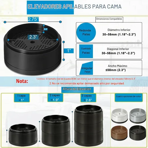 Vista 2 de Elevadores de cama de 1 pulgada, 2 pulgadas, 3 pulgadas, 4 pulgadas de alta resistencia, elevador de muebles ajustable para mesa, escritorio, sofá