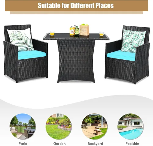 Vista 7 de COSTWAY Juego de muebles de ratán de patio, 3 piezas, cojín para sofá, reposabrazos de jardín, turquesa
