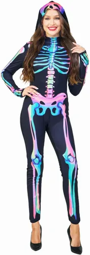 Vista 5 de Seasons Disfraz de Halloween de esqueleto arcoíris para mujer, sensible a la luz negra UV