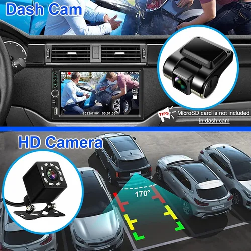 Vista 3 de Estéreo de coche de doble DIN con cámara de tablero, compatible con Apple Carplay, Android Auto, receptor de radio de coche con pantalla táctil de 7