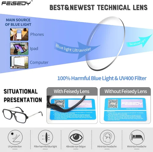 Vista 5 de FEISEDY Gafas de lectura retro cuadradas con bloqueo de luz azul para mujeres y hombres de los años 70, anteojos planos de aviador antifatiga