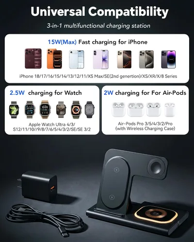 Vista 2 de Estación de carga plegable 3 en 1 para cargador inalámbrico Apple Negro